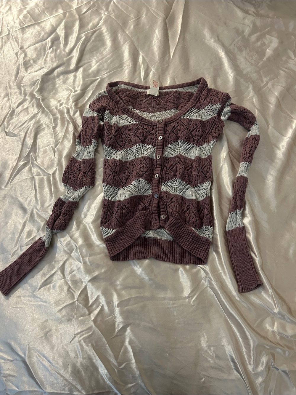 Mossimo Supply Co. Mauve and Cream Striped Open-Knit Button Cardigan